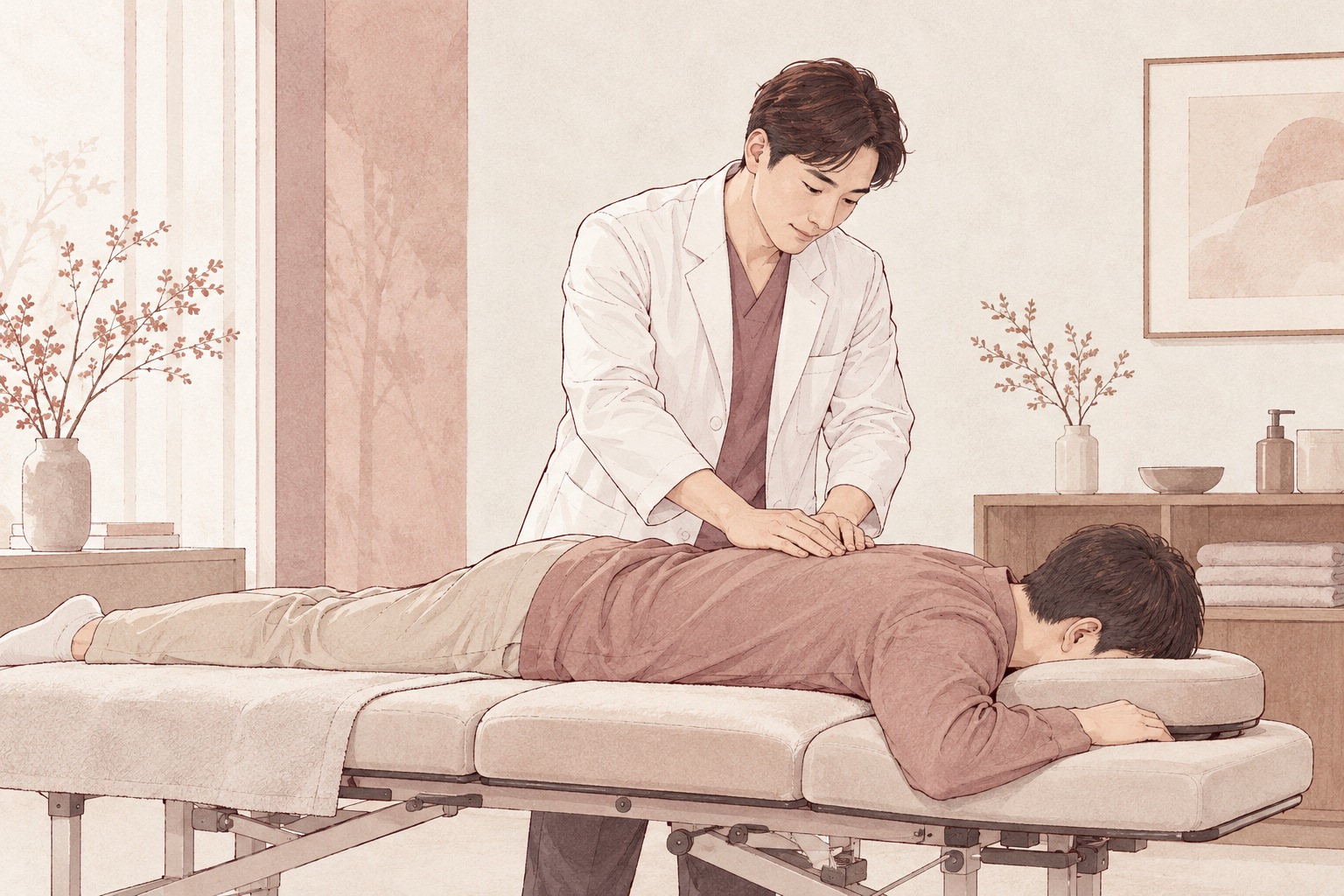 옷을 입고 누운 환자의 등을 살피는 추나 진료 설명 일러스트